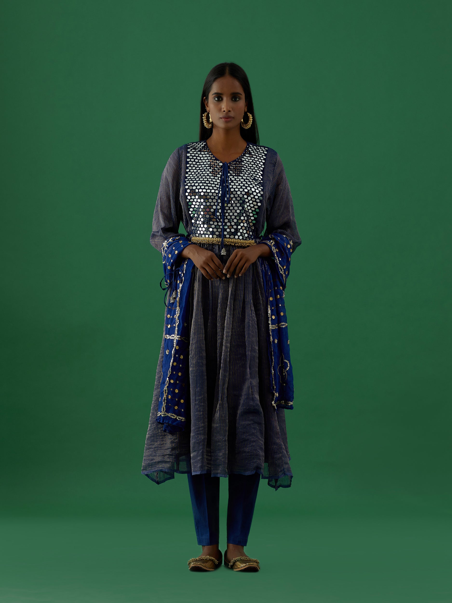 Gopika - Navy Blue Mirror Work Chanderi Tissue Silk Anarkali Kurta - 5elements
