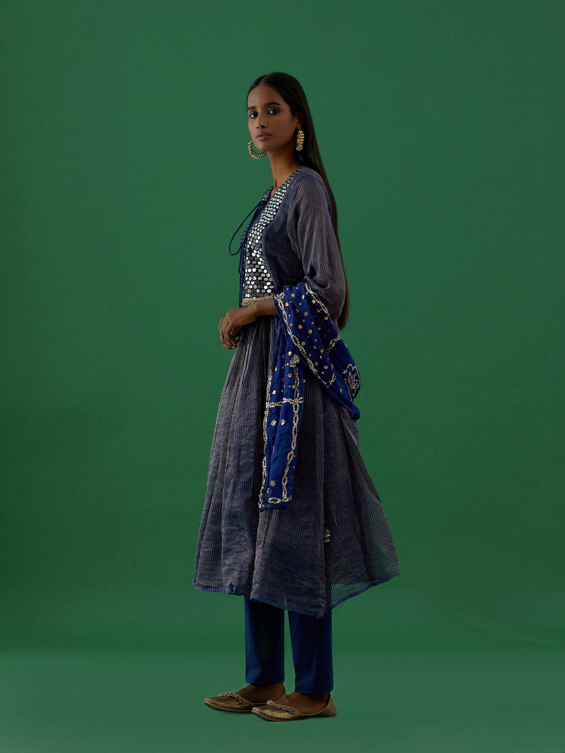 Gopika - Navy Blue Mirror Work Chanderi Tissue Silk Anarkali Kurta - 5elements