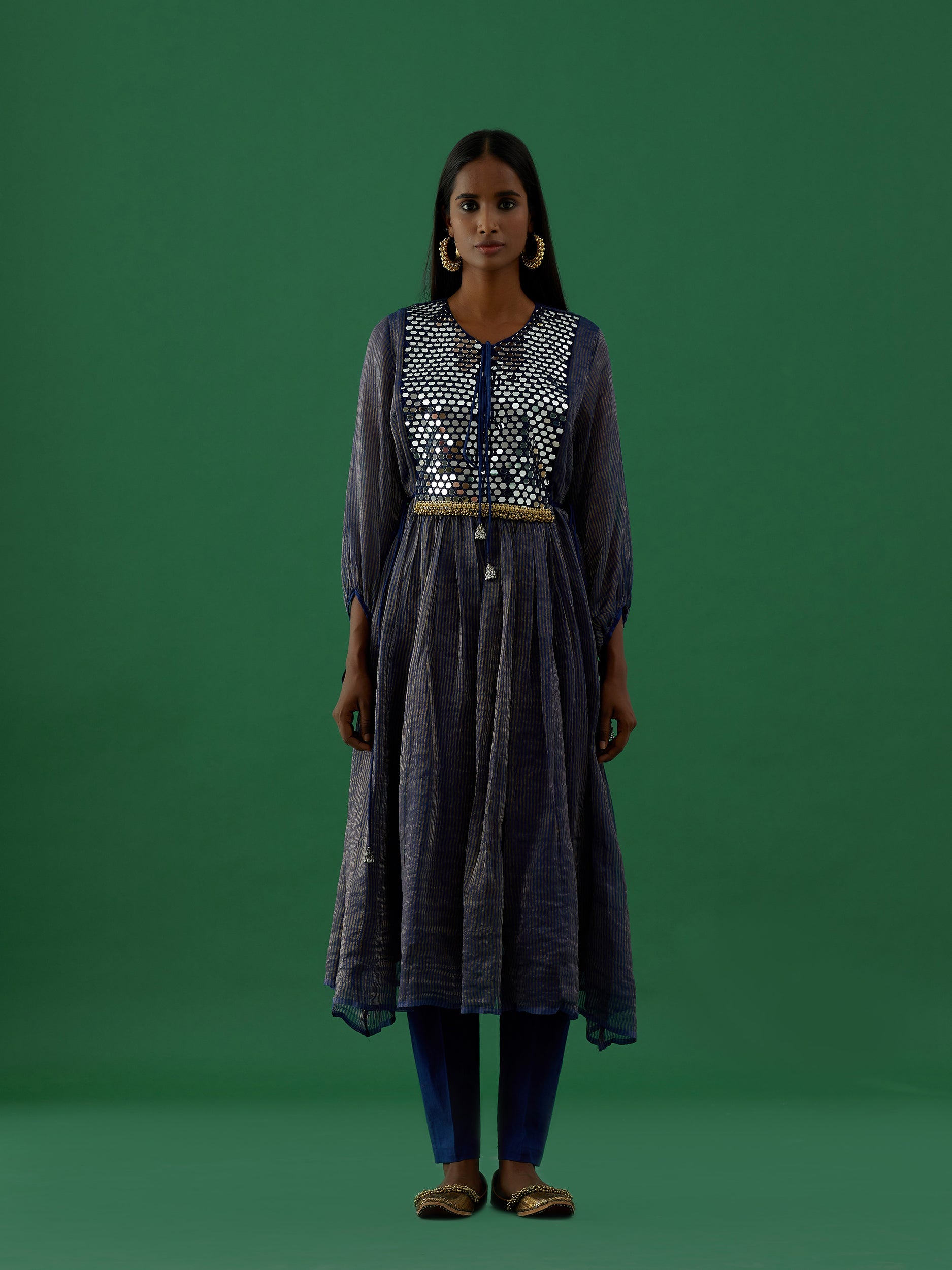 Gopika - Navy Blue Mirror Work Chanderi Tissue Silk Anarkali Kurta - 5elements