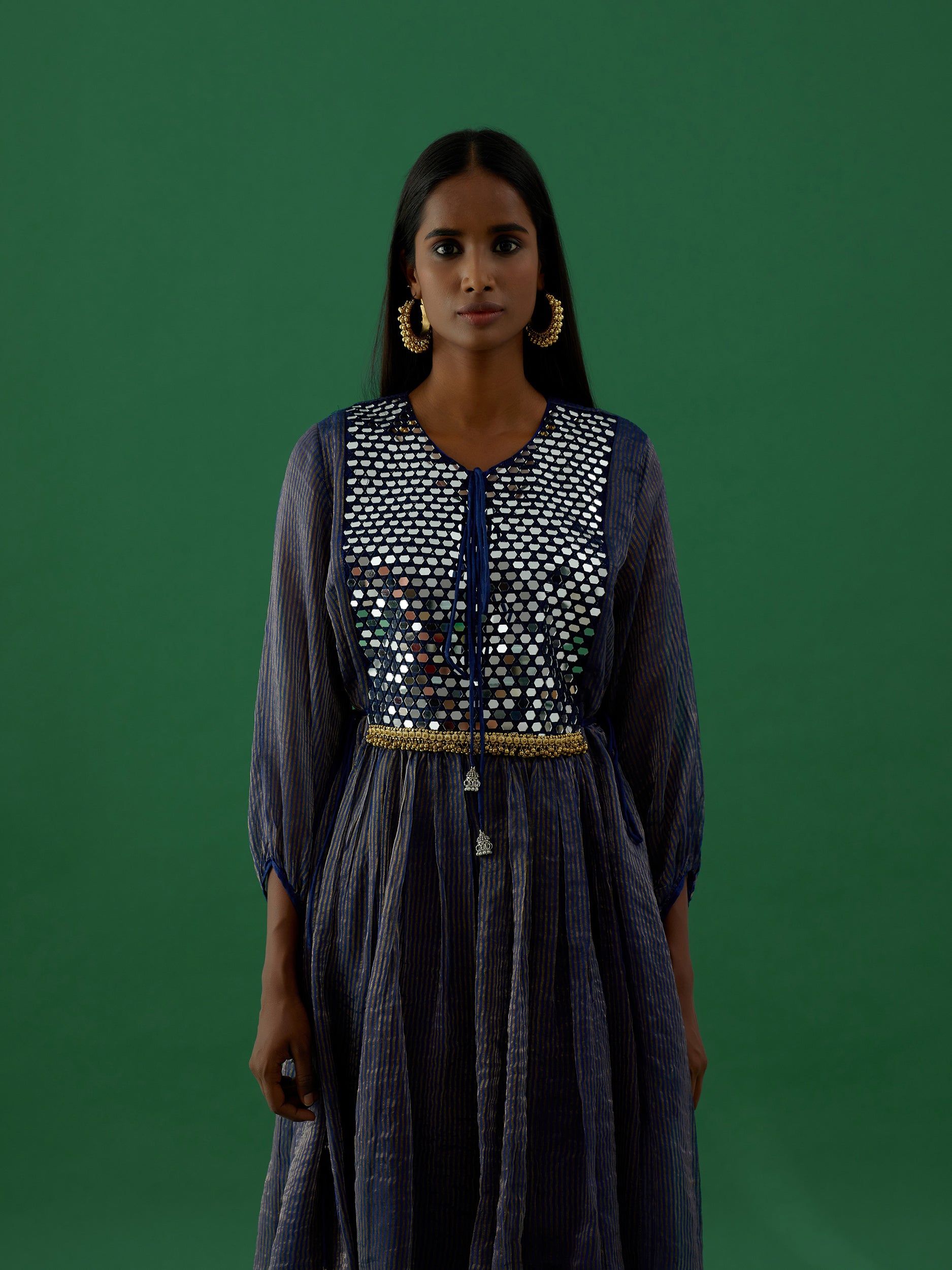Gopika - Navy Blue Mirror Work Chanderi Tissue Silk Anarkali Kurta - 5elements