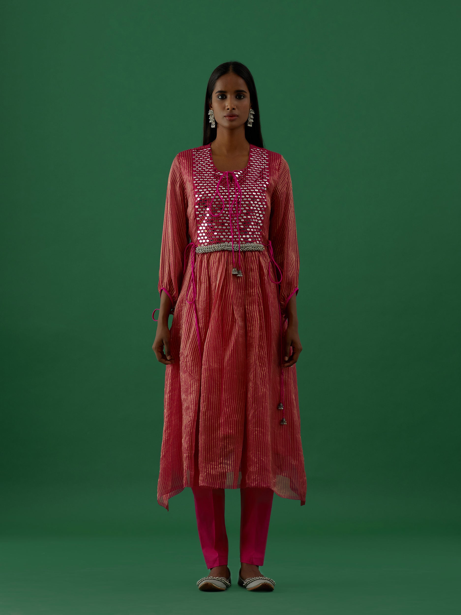 Gopika - Red Mirror Work Chanderi Tissue Silk Anarkali Kurta - 5elements