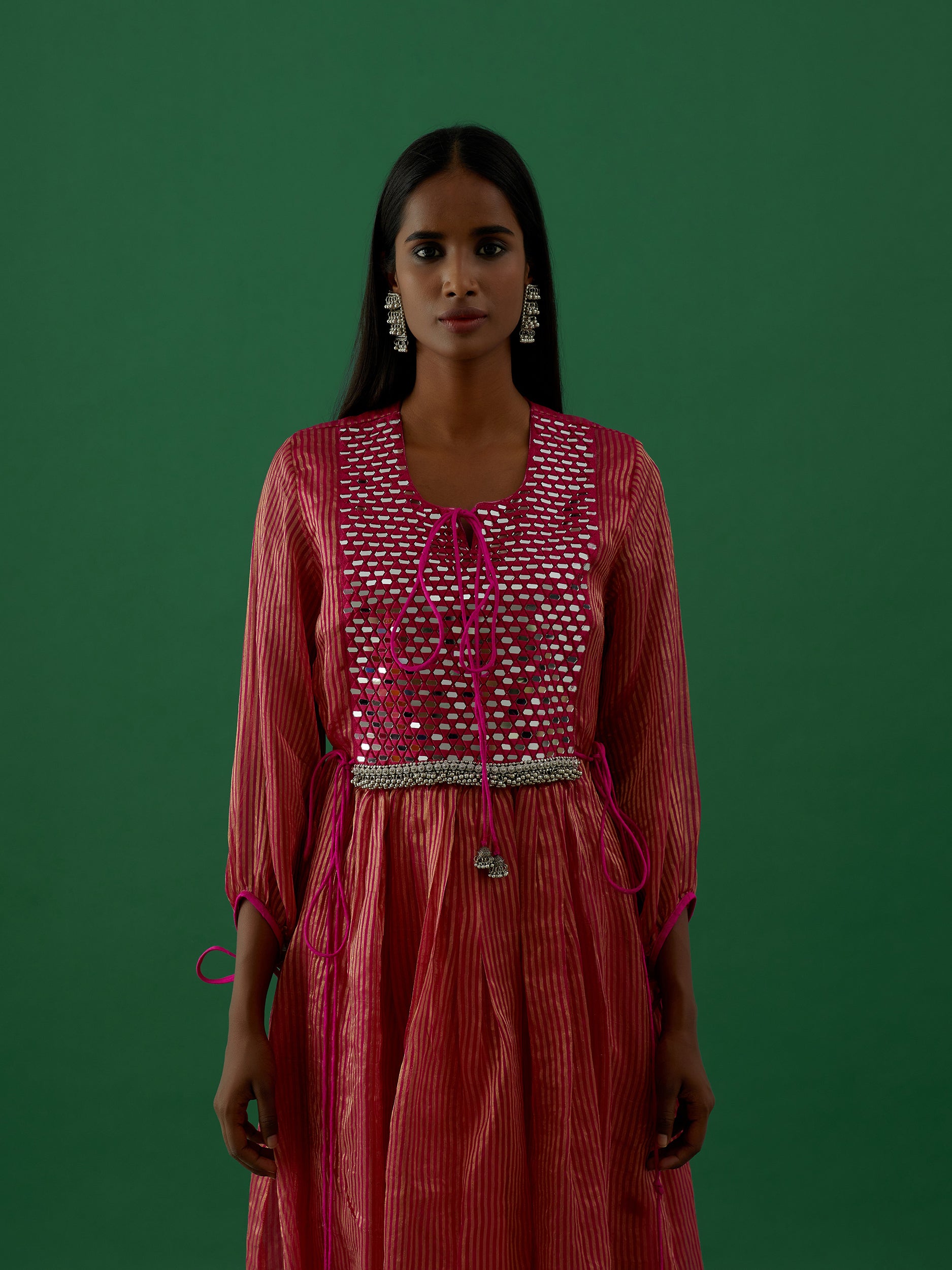 Gopika - Red Mirror Work Chanderi Tissue Silk Anarkali Kurta - 5elements