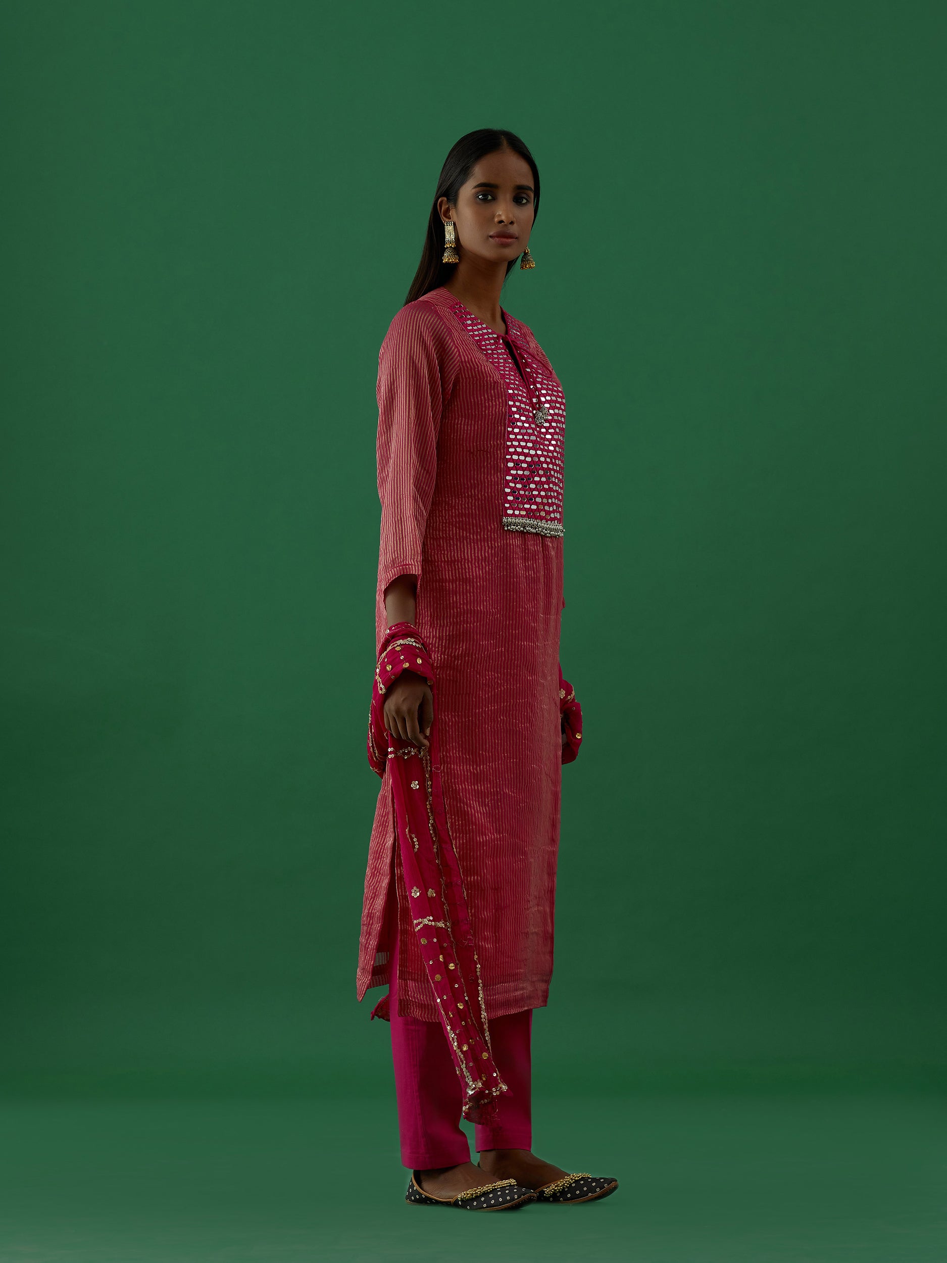 Gopika - Red Mirror Work Chanderi Tissue Silk Kurta - 5elements