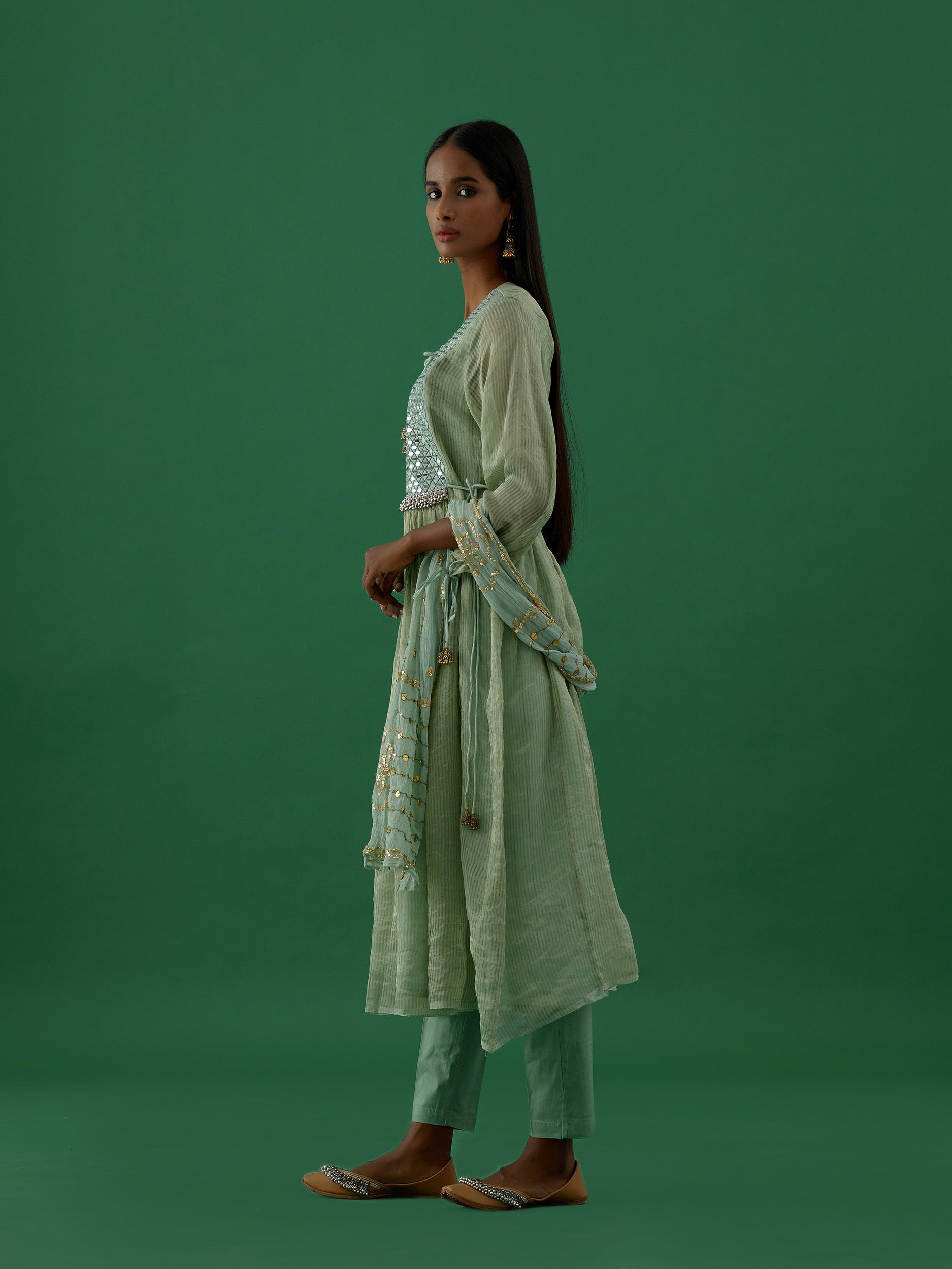 Gopika - Green Mirror Work Chanderi Tissue Silk Anarkali Kurta - 5elements