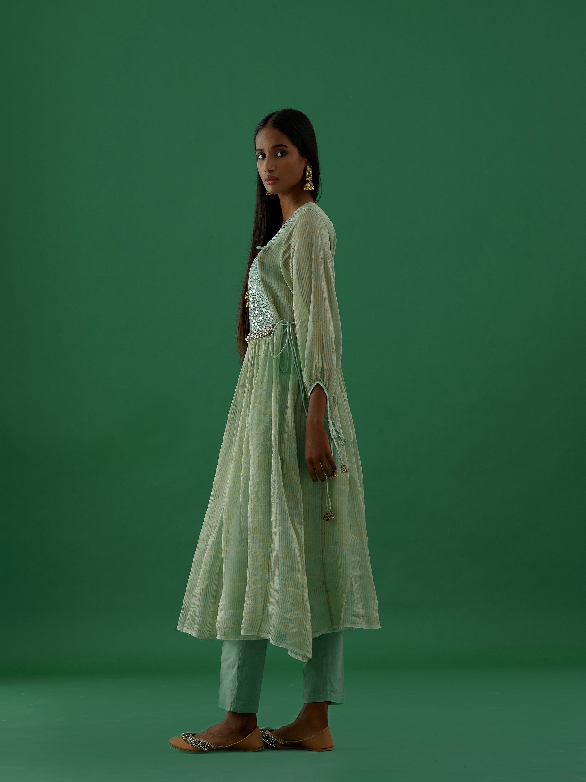 Gopika - Green Mirror Work Chanderi Tissue Silk Anarkali Kurta - 5elements