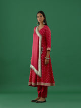 Shivya - Pink Ghungroo Work Modal Satin Bhandhej Anarkali Kurta With Cotton Lycra Pants - Set Of 2 - 5elements