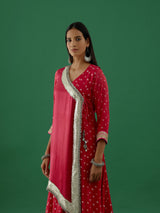 Shivya - Pink Ghungroo Work Modal Satin Bhandhej Anarkali Kurta With Cotton Lycra Pants - Set Of 2 - 5elements