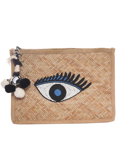 Bamboo Wood With Eye Beaded Patch Zipper beach bag 5elements