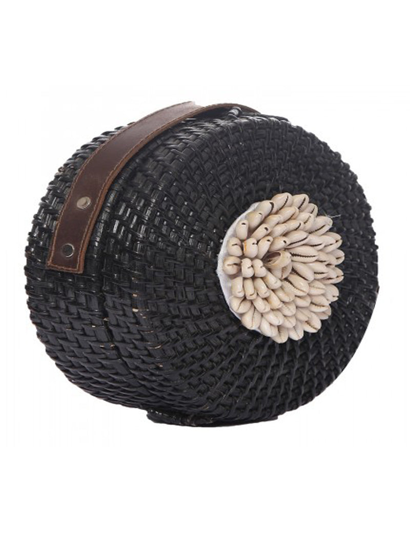 Black Round Bamboo Wood With Kodi Embellished Bag