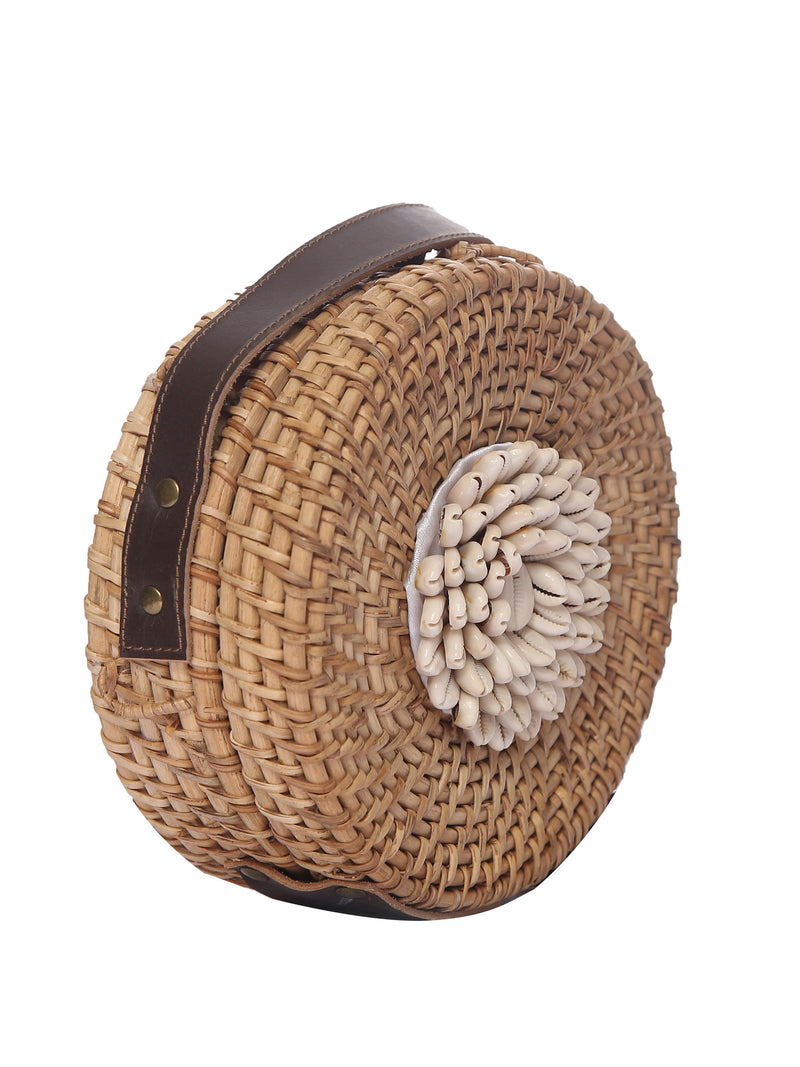 Beige Round Bamboo Wood With Kodi Embellished Beach Bag 5elements