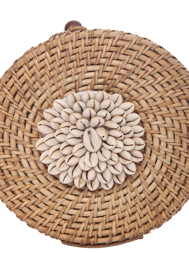 Beige Round Bamboo Wood With Kodi Embellished Beach Bag 5elements