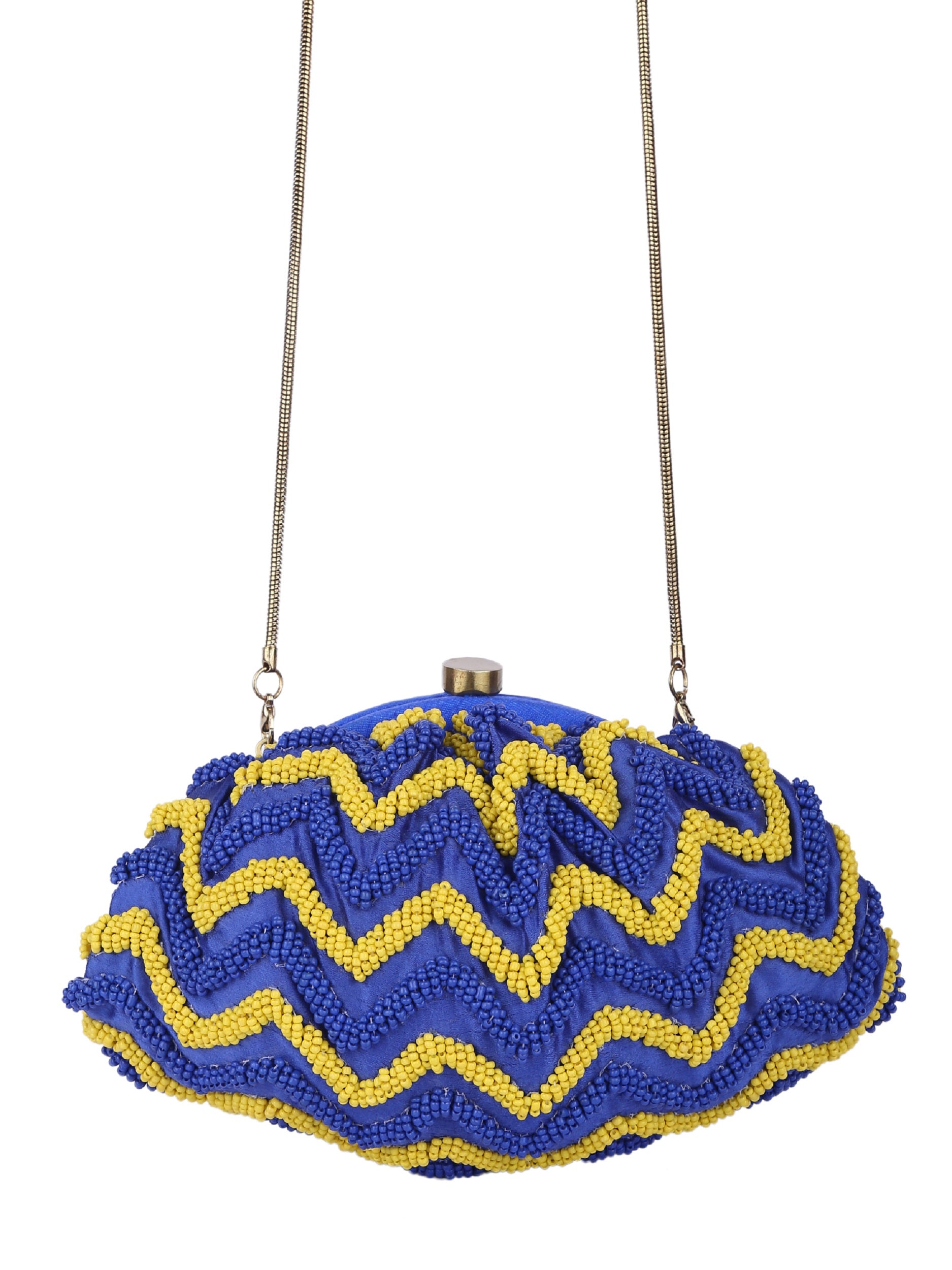 Yellow And Blue Beaded Handcrafted Potli Clutch